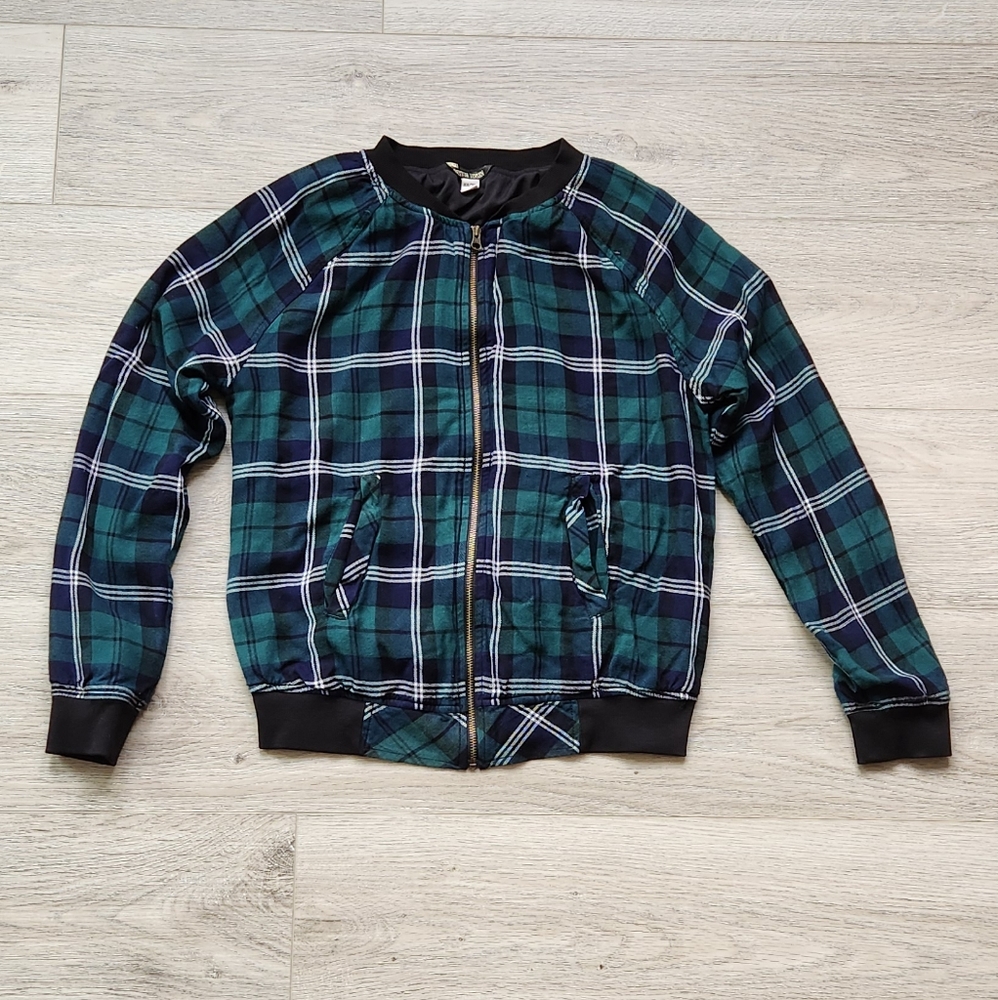 Peyton Jensen Plaid Jacket Womens Xs Green Blue Long Sleeve Zipper Coat